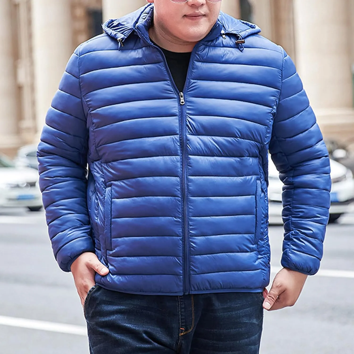Men's Lightweight Puffer Jacket Plus Size Full Zip Warm Puffy Jackets Hooded Outerwear Winter Insulated Down Coat