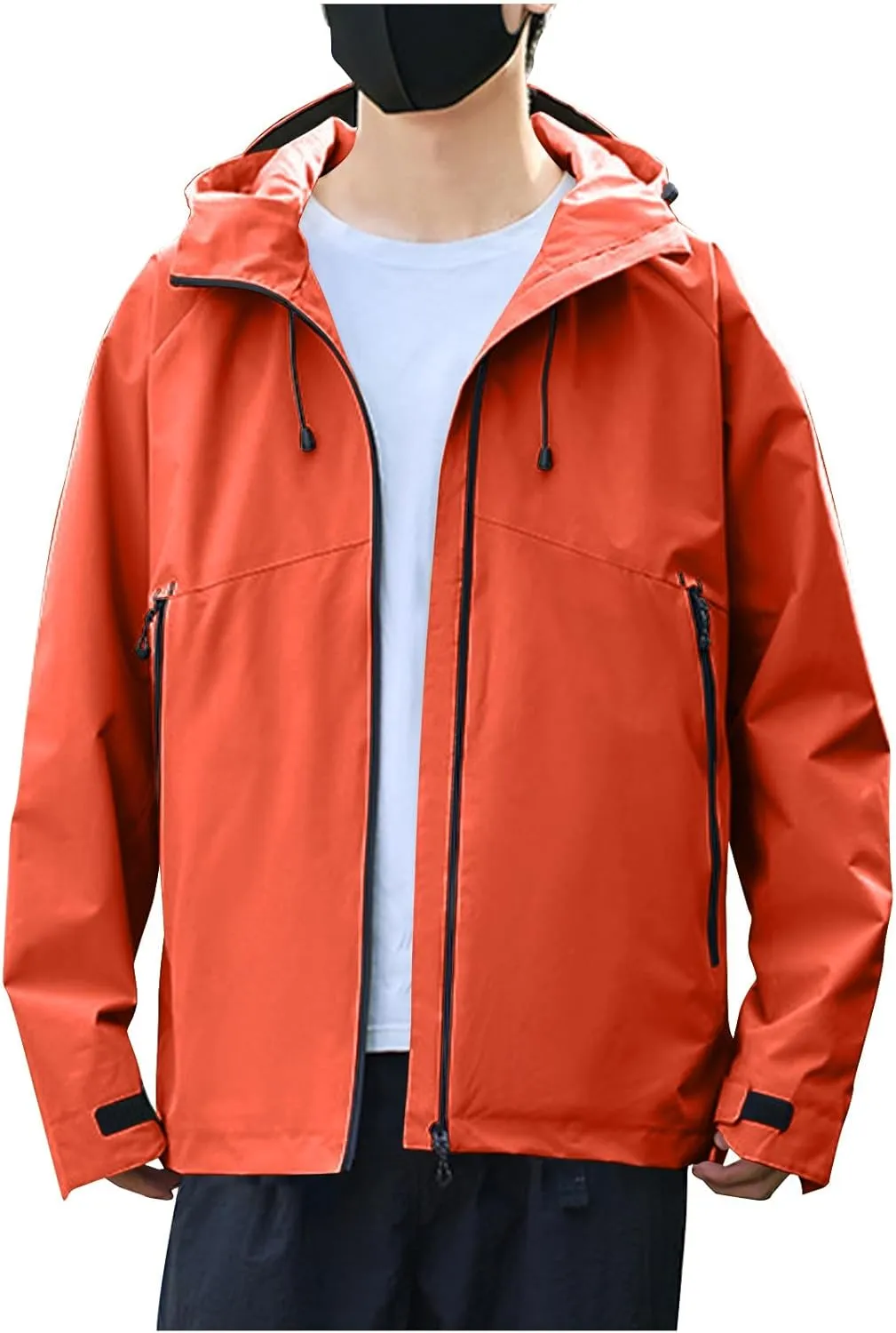 Mens Lightweight Softshell Rain Jackets Solid Drawstring Long Sleeve Raincoats Pockets Fall Waterproof Windbreaker
