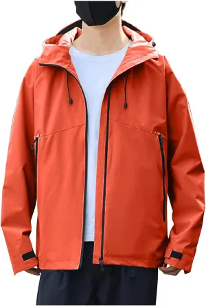 Mens Lightweight Softshell Rain Jackets Solid Drawstring Long Sleeve Raincoats Pockets Fall Waterproof Windbreaker