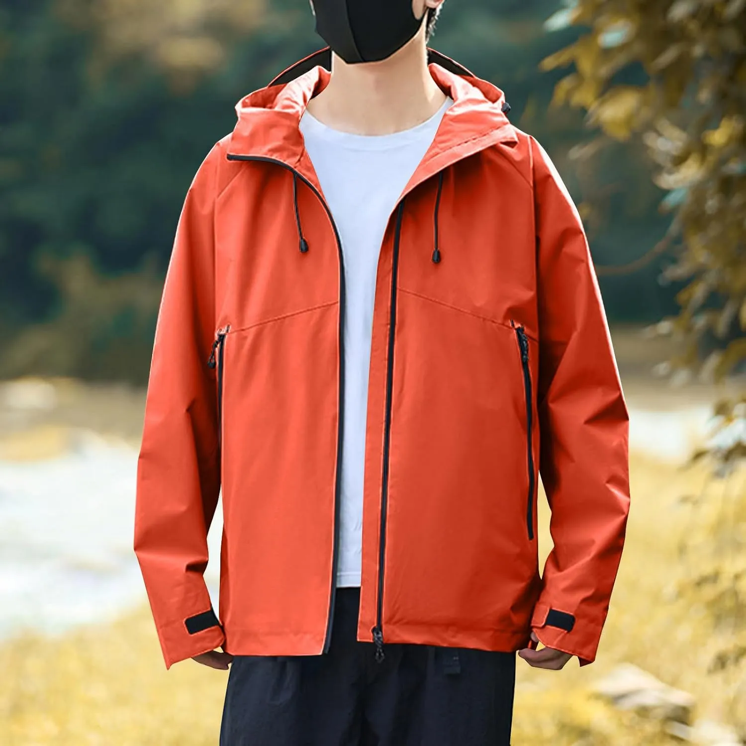 Mens Lightweight Softshell Rain Jackets Solid Drawstring Long Sleeve Raincoats Pockets Fall Waterproof Windbreaker