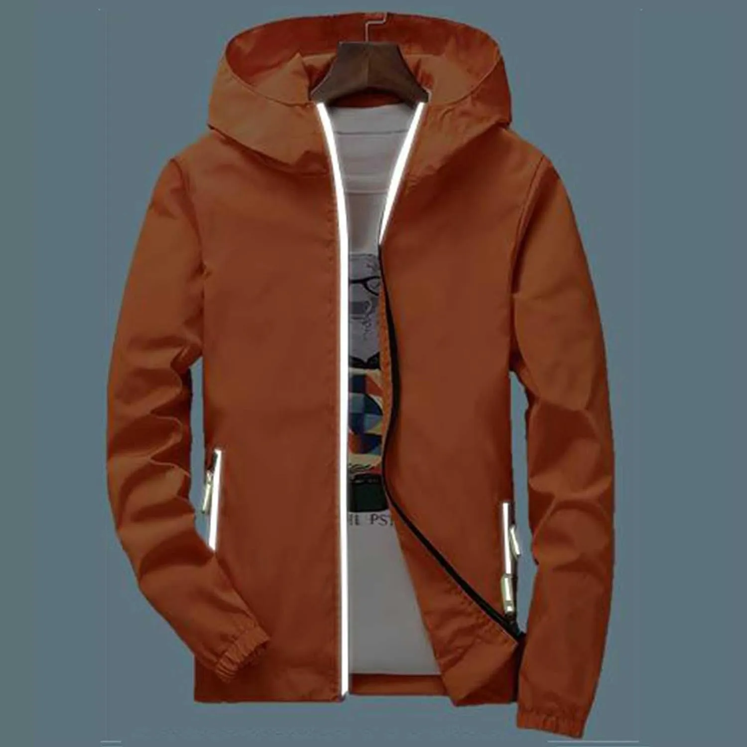 Mens Lightweight Waterproof Rain Jacket Reflect Light Windbreaker Casual Refleciton Zip Up Jackets with Hood Mens