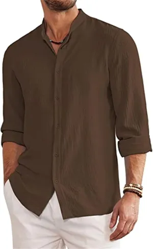 Men's Linen Long Sleeve Shirts Casual Long Sleeve Trendy Button Down Banded Collar Shirt Beach 2025 Summer Yoga Tops