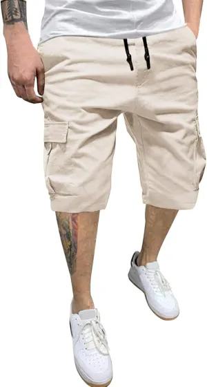Men's Long Cargo Shorts Casual Cotton Twill Chino Pants Comfort Waistband Relaxed Fit Multi-Pockets Cargos for Men