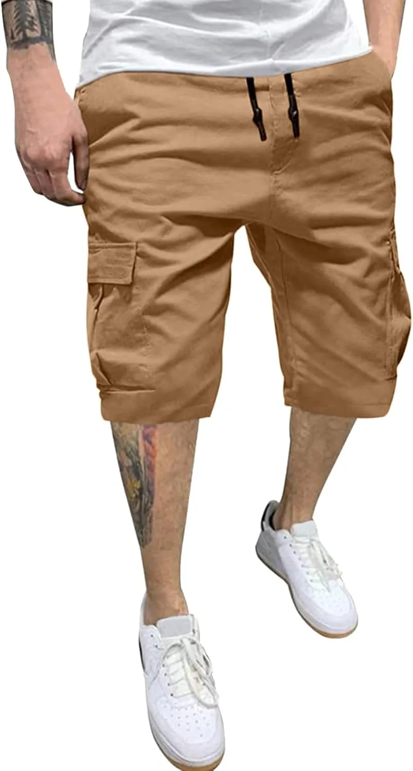 Men's Long Cargo Shorts Casual Cotton Twill Chino Pants Comfort Waistband Relaxed Fit Multi-Pockets Cargos for Men