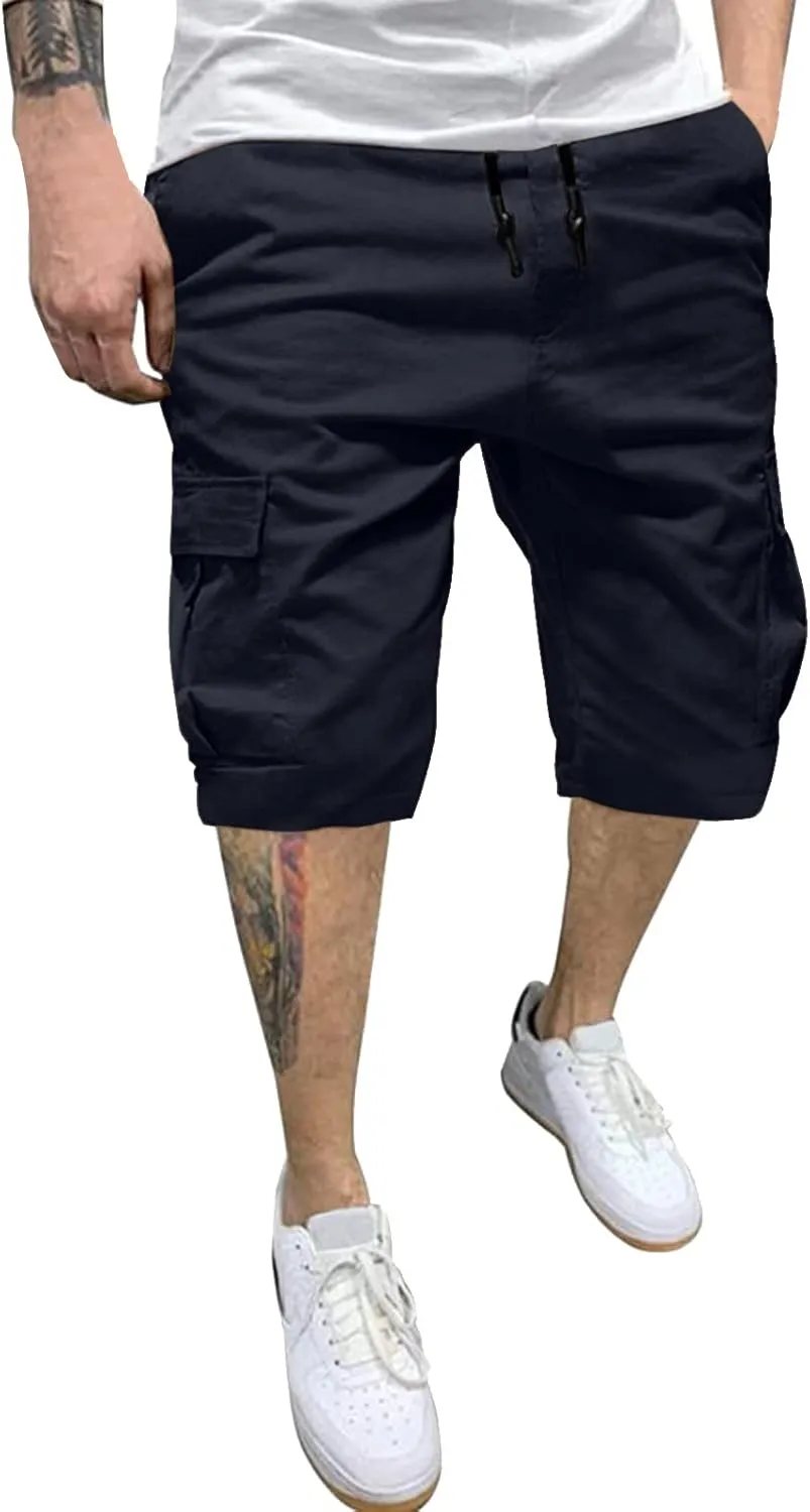 Men's Long Cargo Shorts Casual Cotton Twill Chino Pants Comfort Waistband Relaxed Fit Multi-Pockets Cargos for Men