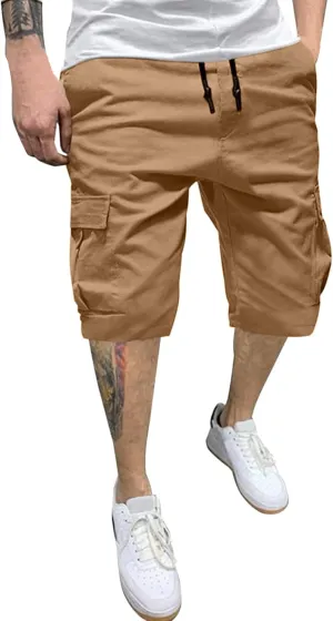 Men's Long Cargo Shorts Casual Cotton Twill Chino Pants Comfort Waistband Relaxed Fit Multi-Pockets Cargos for Men
