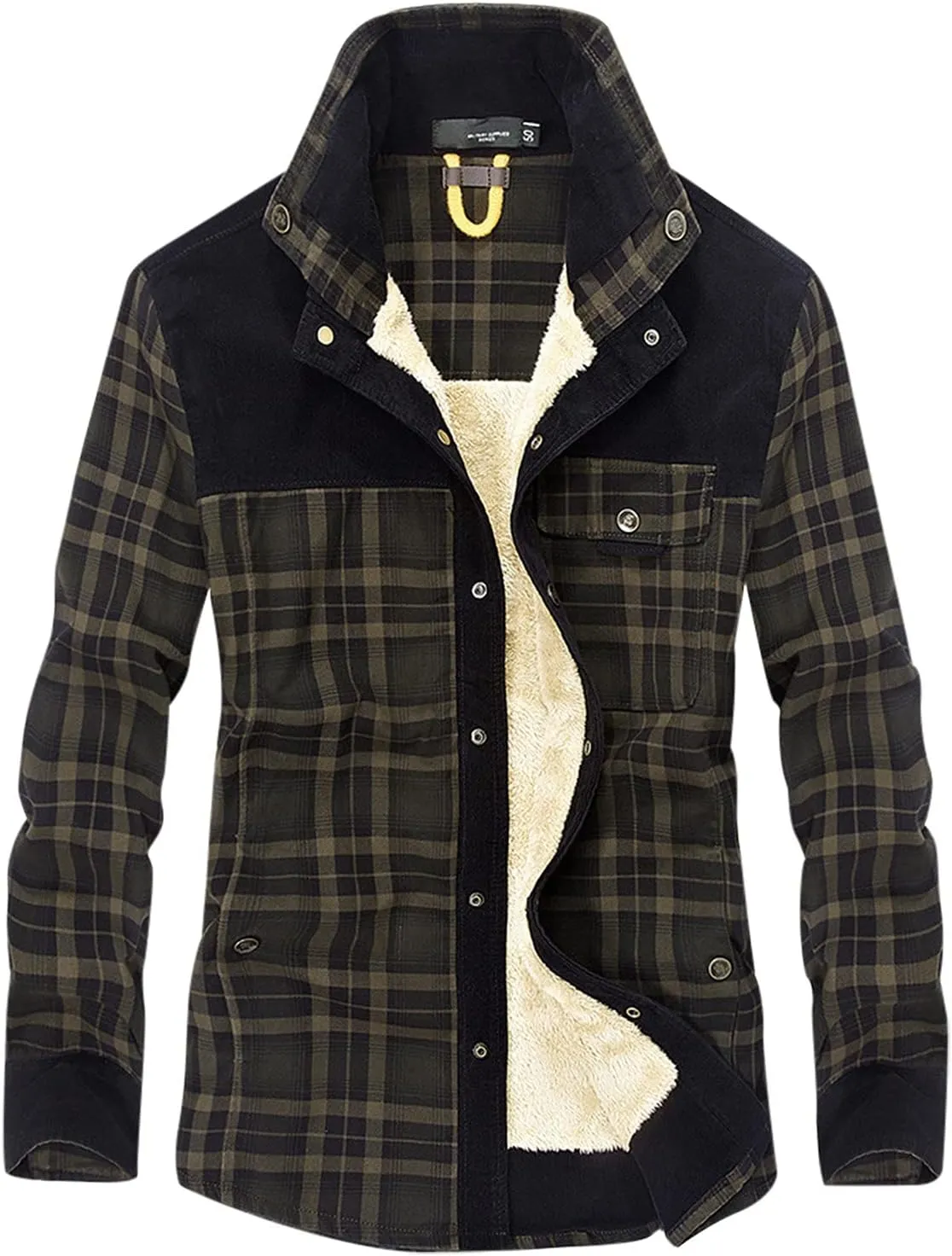 Mens Long Sleeve Berber Fleece Lined Button Down Camp Flannel Shirts Brushed Cotton Thermal Sherpa Plaid Jackets