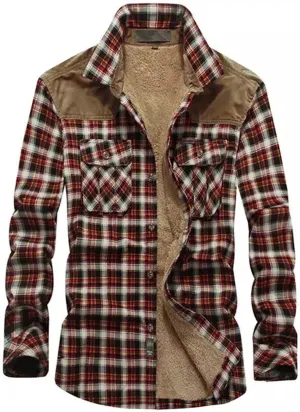 Mens Long Sleeve Berber Fleece Lined Button Down Camp Flannel Shirts Brushed Cotton Thermal Sherpa Plaid Jackets