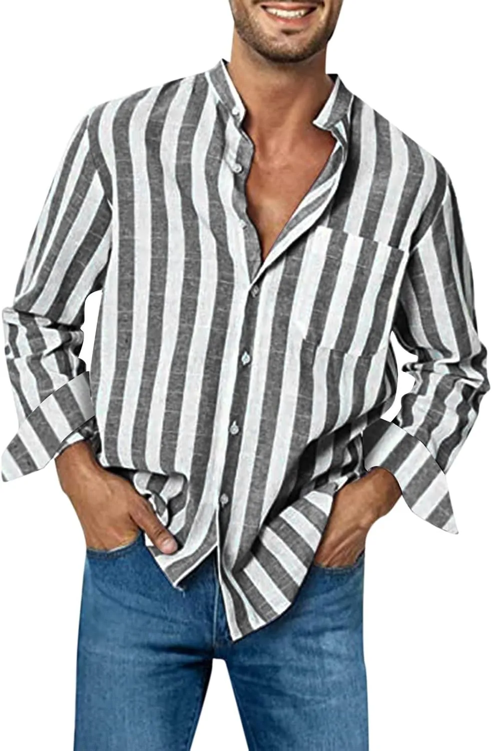 Men's Long Sleeve Casual Button Down Linen Shirts Striped Henley Shirt Untucked Shirts for Men Trendy Dress Shirt
