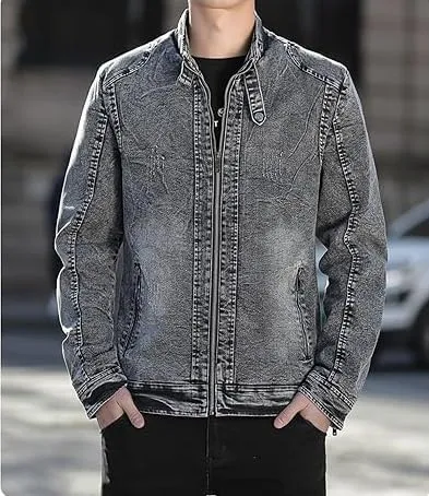 Men's Long Sleeves Denim Jackets Vintage Distressed Stand Collar Jean Jacket Warm Winter Fleece Lined Trucker Coat