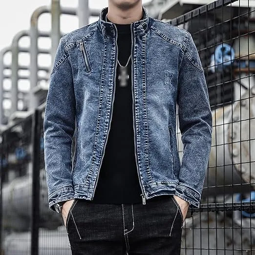 Men's Long Sleeves Denim Jackets Vintage Distressed Stand Collar Jean Jacket Warm Winter Fleece Lined Trucker Coat