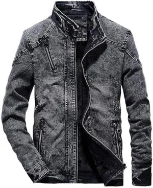 Men's Long Sleeves Denim Jackets Vintage Distressed Stand Collar Jean Jacket Warm Winter Fleece Lined Trucker Coat