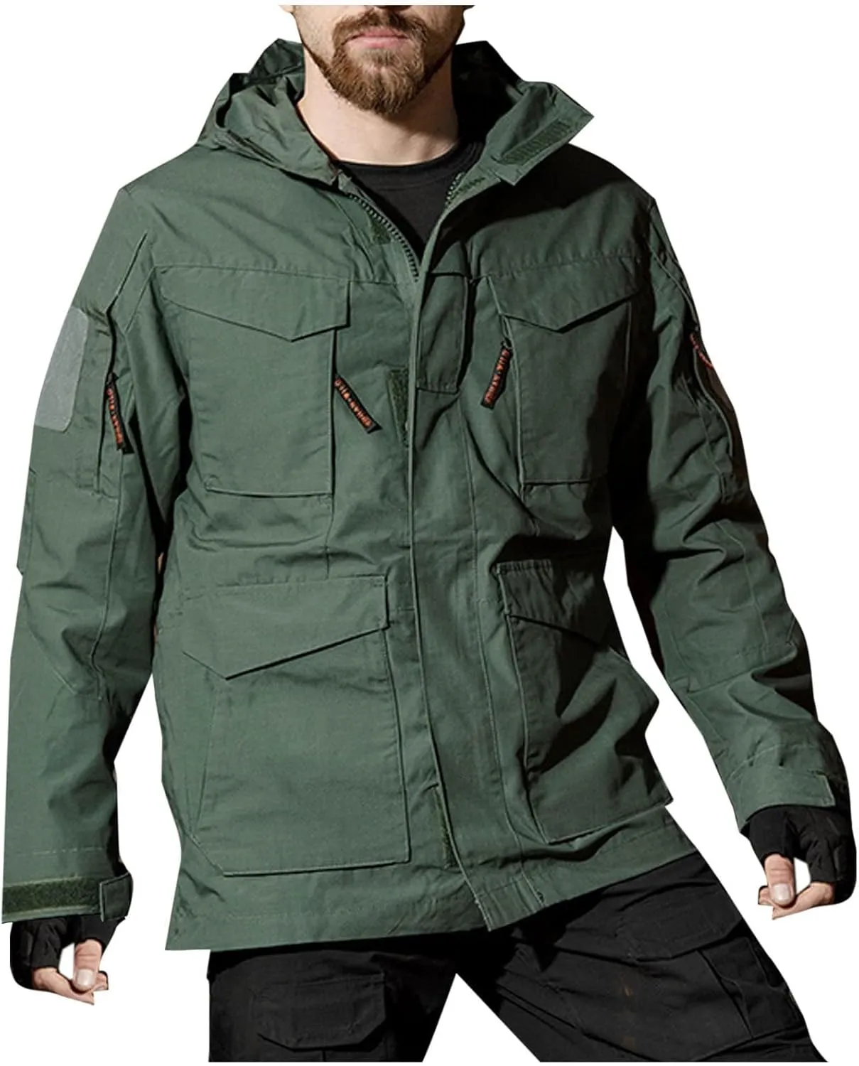 Men's Military Tactical Rain Jacket with Multi-Pockets Warm Outdoor Hiking Hooded Raincoat Waterproof Windbreaker