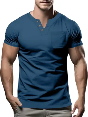 Mens Muscle Fit Henley Shirts Vintage Solid Casual Shirts Summer Short Sleeve Button Up Sports Shirts with Pocket Oversize