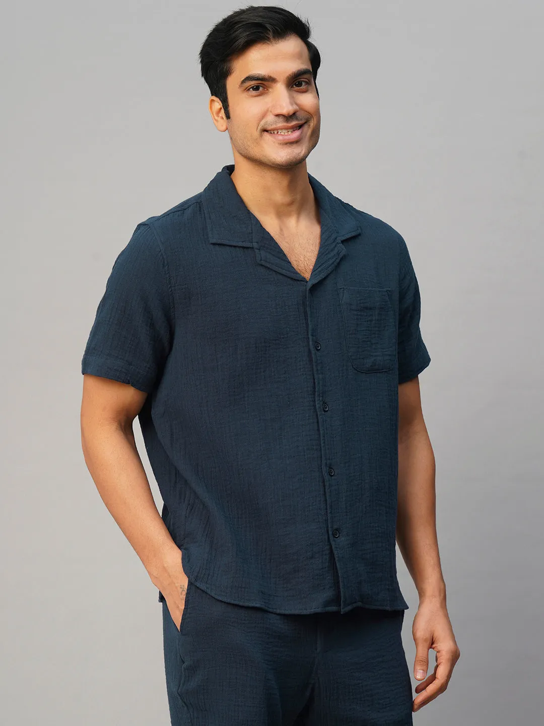Men's Navy Cotton Loose Fit Shirt