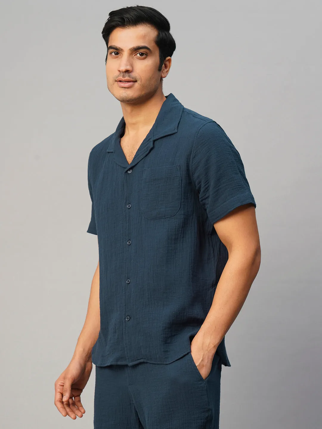 Men's Navy Cotton Loose Fit Shirt