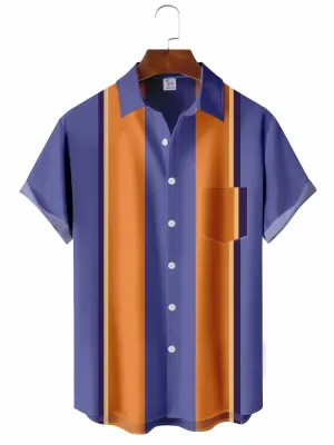 Men's Orange-purple Contrast Bowling Casual Short Sleeve Shirt