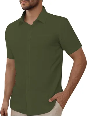 Men's Oxford Shirts Summer Fashion Short Sleeve Button Down Dress Shirt Lightweight Cotton Linen Casual Beach Tops