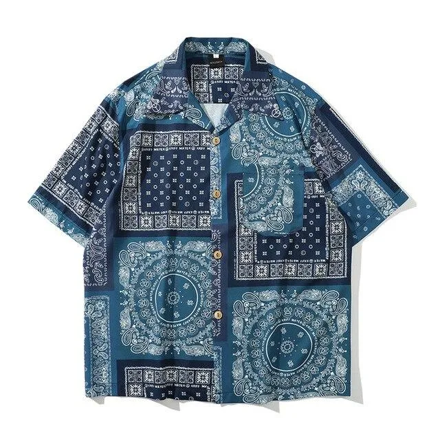 Mens Paisley Floral Print Hawaii Beach Shirts Harajuku Streetwear Summer