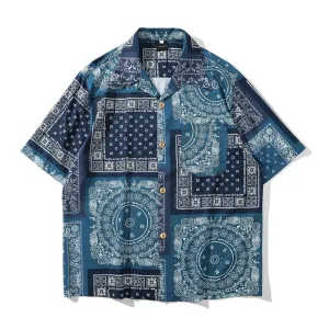 Mens Paisley Floral Print Hawaii Beach Shirts Harajuku Streetwear Summer