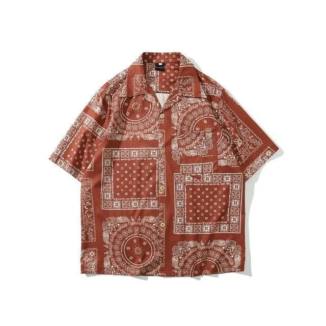 Mens Paisley Floral Print Hawaii Beach Shirts Harajuku Streetwear Summer