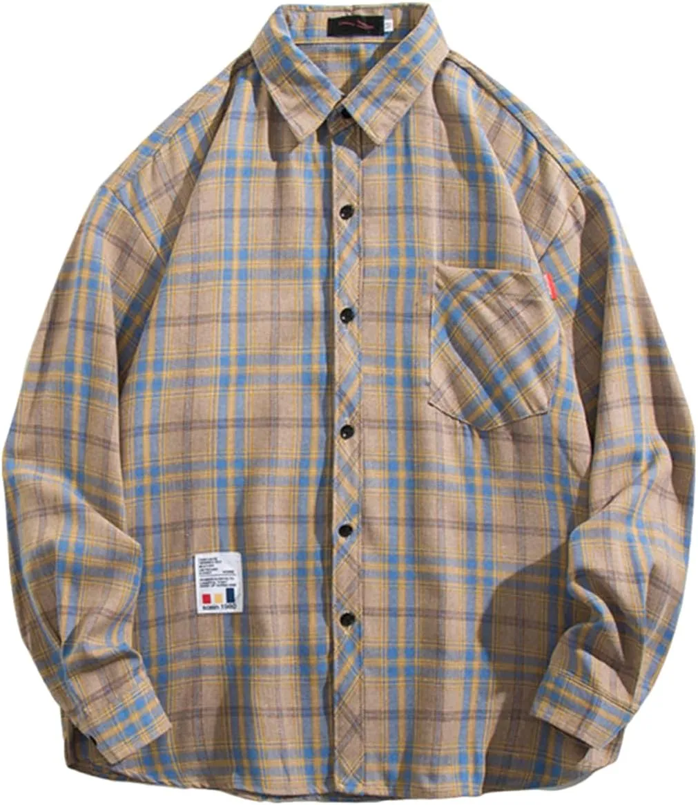 Mens Plaid Shirt Long Sleeve Button Down Lapel Collar Coat Casual Loose Jacket with Pockets Fall and Winter