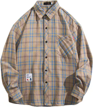 Mens Plaid Shirt Long Sleeve Button Down Lapel Collar Coat Casual Loose Jacket with Pockets Fall and Winter