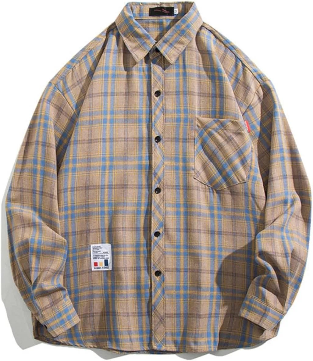 Mens Plaid Shirt Long Sleeve Button Down Lapel Collar Coat Casual Loose Jacket with Pockets Fall and Winter