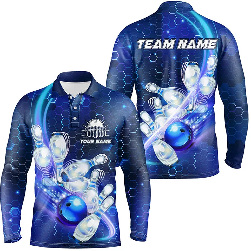 Mens polo bowling shirts Custom blue light bowling ball pins hexagon pattern Bowling Team Jersey