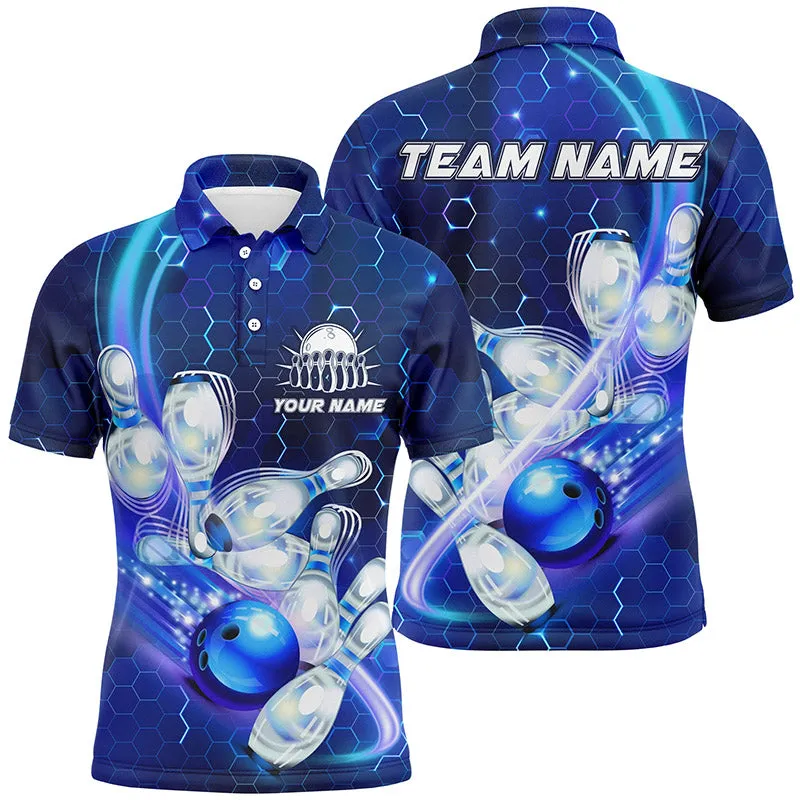 Mens polo bowling shirts Custom blue light bowling ball pins hexagon pattern Bowling Team Jersey
