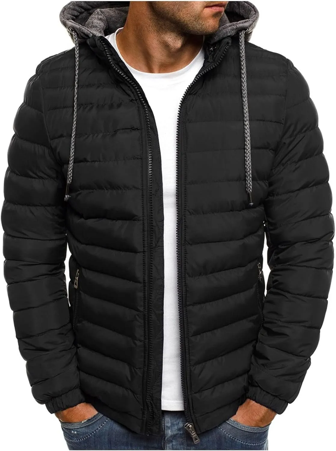 Men's Puffer Down Jackets Winter Lightweight Warm Coat Hoodie Packable Outwear Quilted Insulated Jacket with Pockets