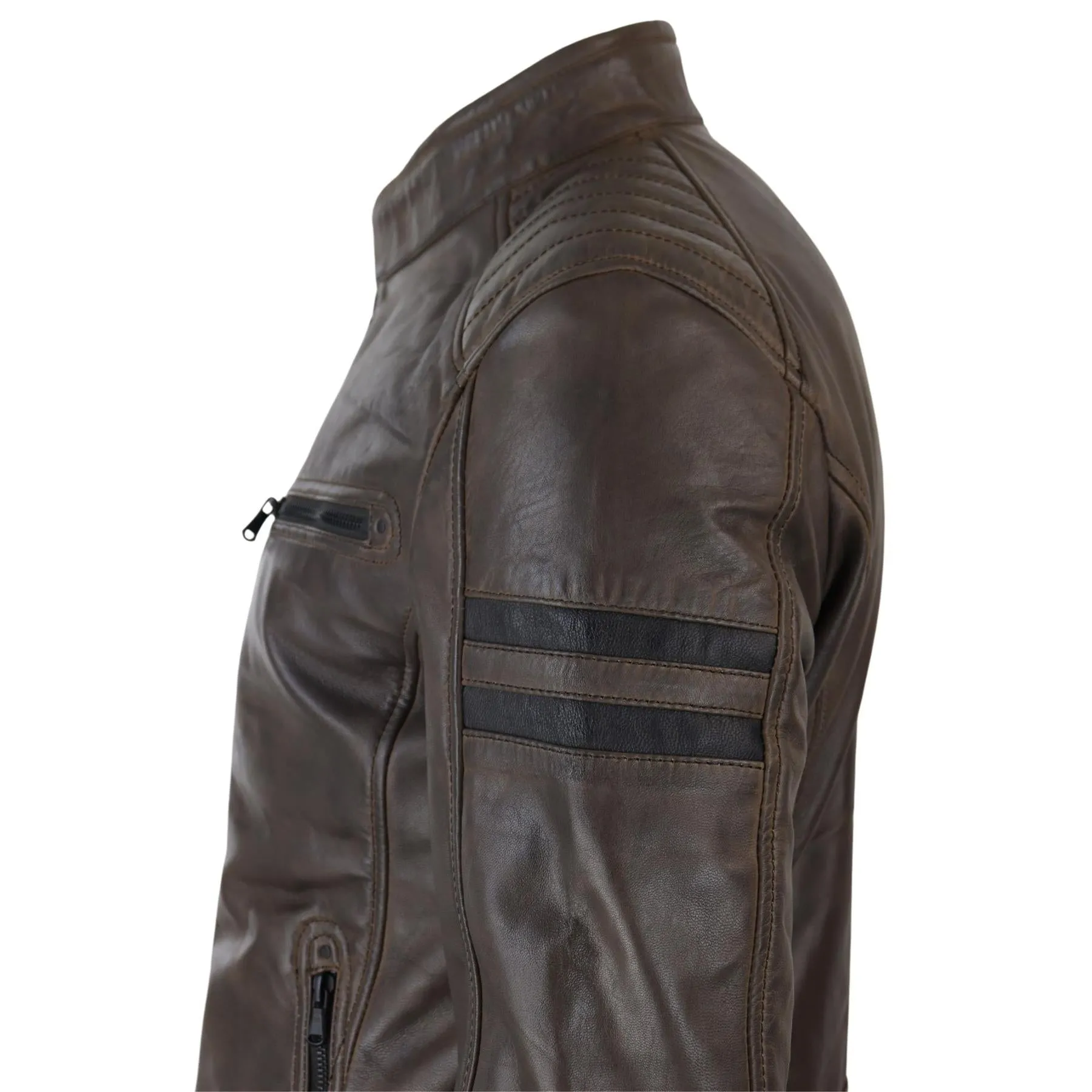 Mens Real Leather Biker Racing Jacket Red Stripes Zip Retro Casual Black Short
