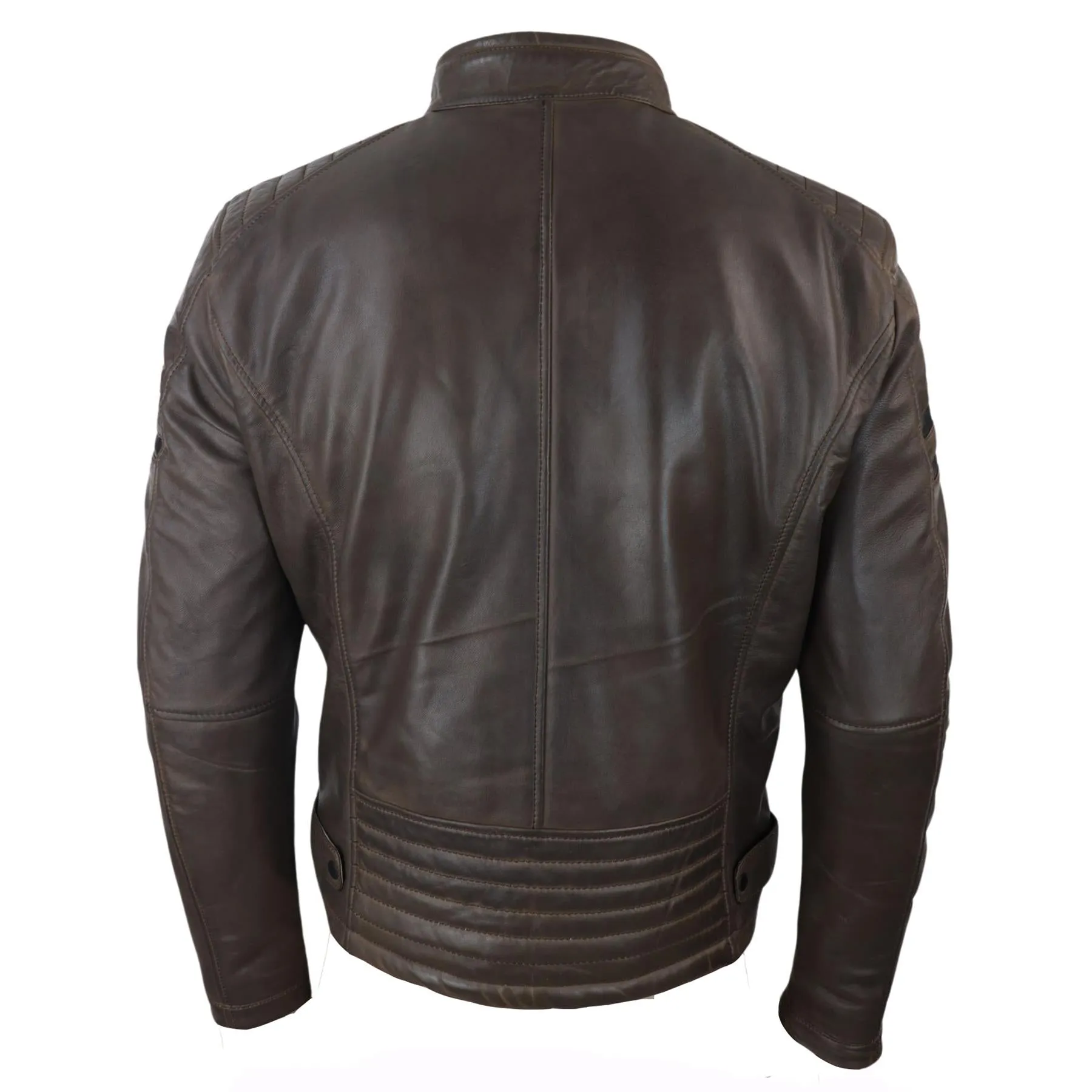 Mens Real Leather Biker Racing Jacket Red Stripes Zip Retro Casual Black Short