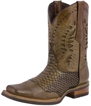 Mens Sand Western Leather Cowboy Boots Snake Print - Square Toe