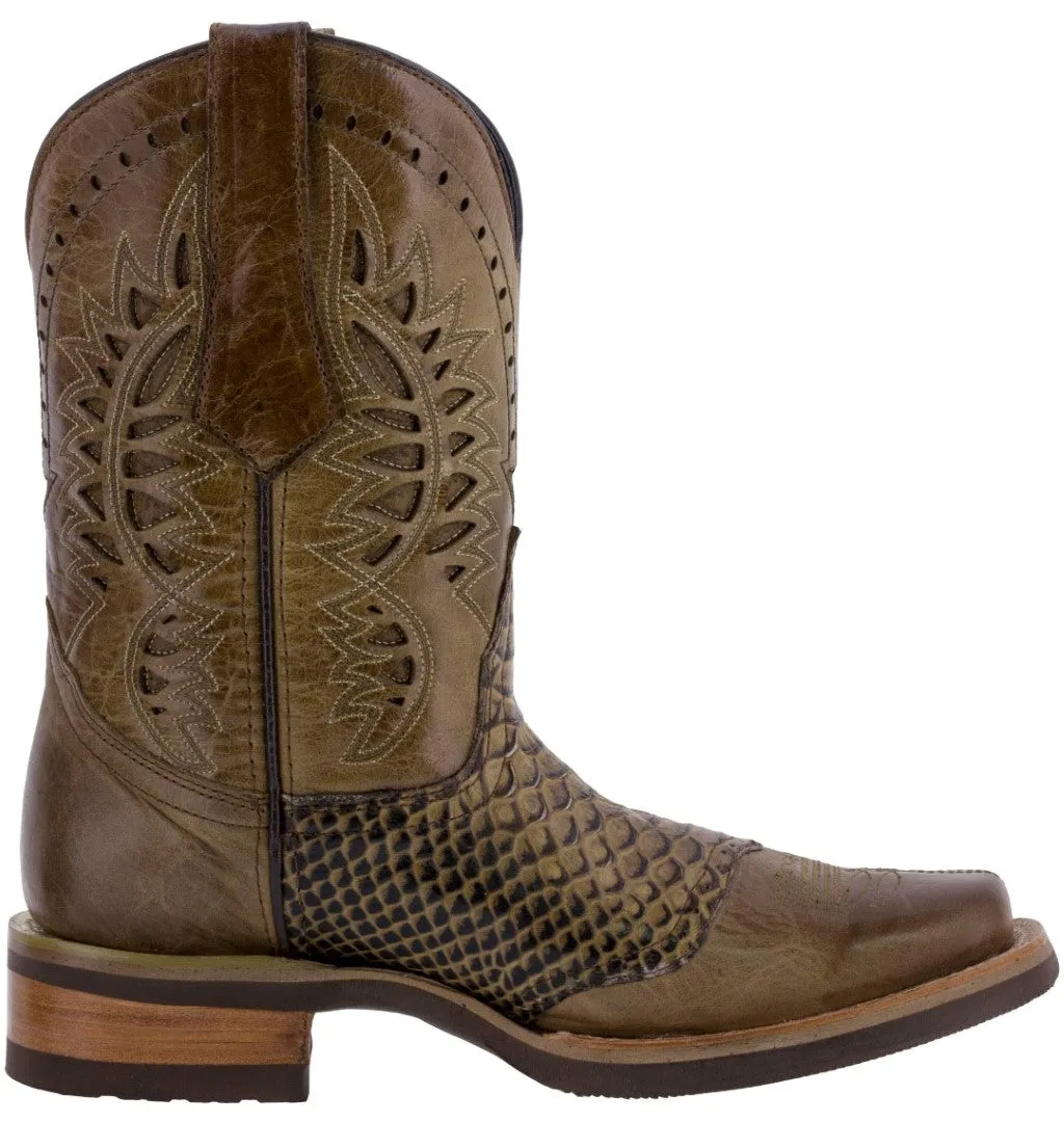 Mens Sand Western Leather Cowboy Boots Snake Print - Square Toe