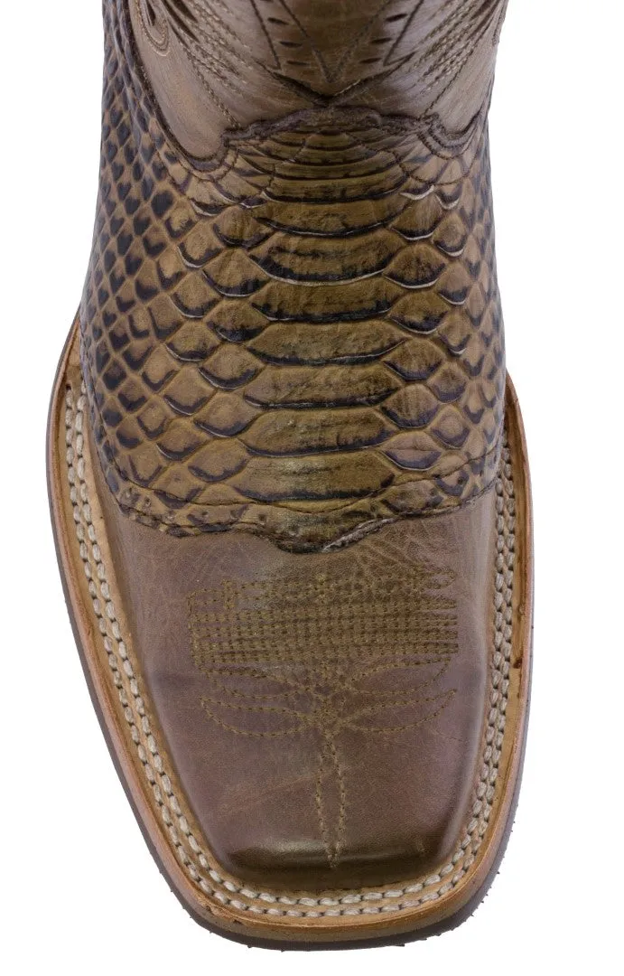 Mens Sand Western Leather Cowboy Boots Snake Print - Square Toe