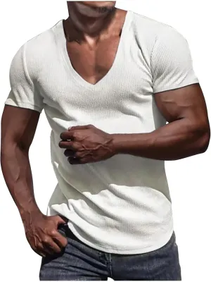 Mens Short Sleeve Knit T-Shirts V Neck Slim Fit Stretch Pullover Sweater Casual Solid Basic Knitwear Pullover Sweater Shirts