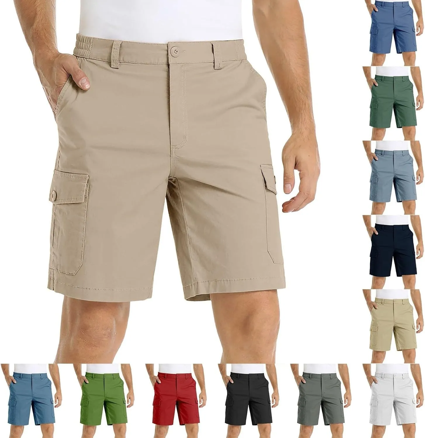 Mens Shorts Cargo Cotton Shorts Relaxed Fit Men Running Hiking Shorts Casual Shorts Elastic Waist Multic-Pocket