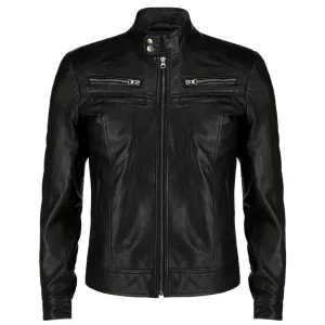 Men's Snap Button Collar Black Leather Jacket