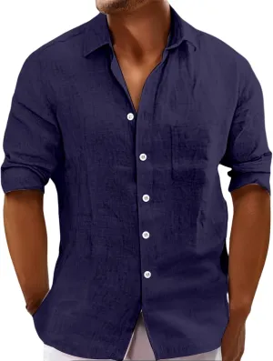 Mens Summer Linen T Shirts Casual Button Down Shirts Long Sleeve Collared Tees Beach Holiday Hawaiian Tops for Men
