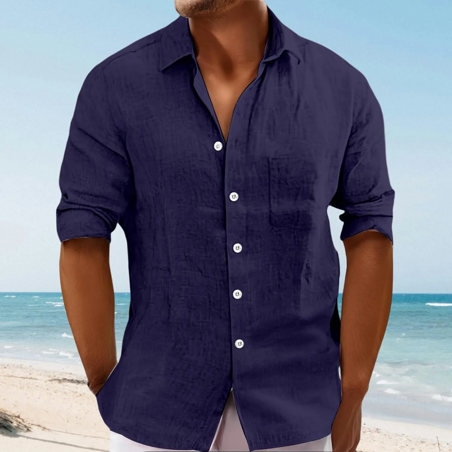 Mens Summer Linen T Shirts Casual Button Down Shirts Long Sleeve Collared Tees Beach Holiday Hawaiian Tops for Men