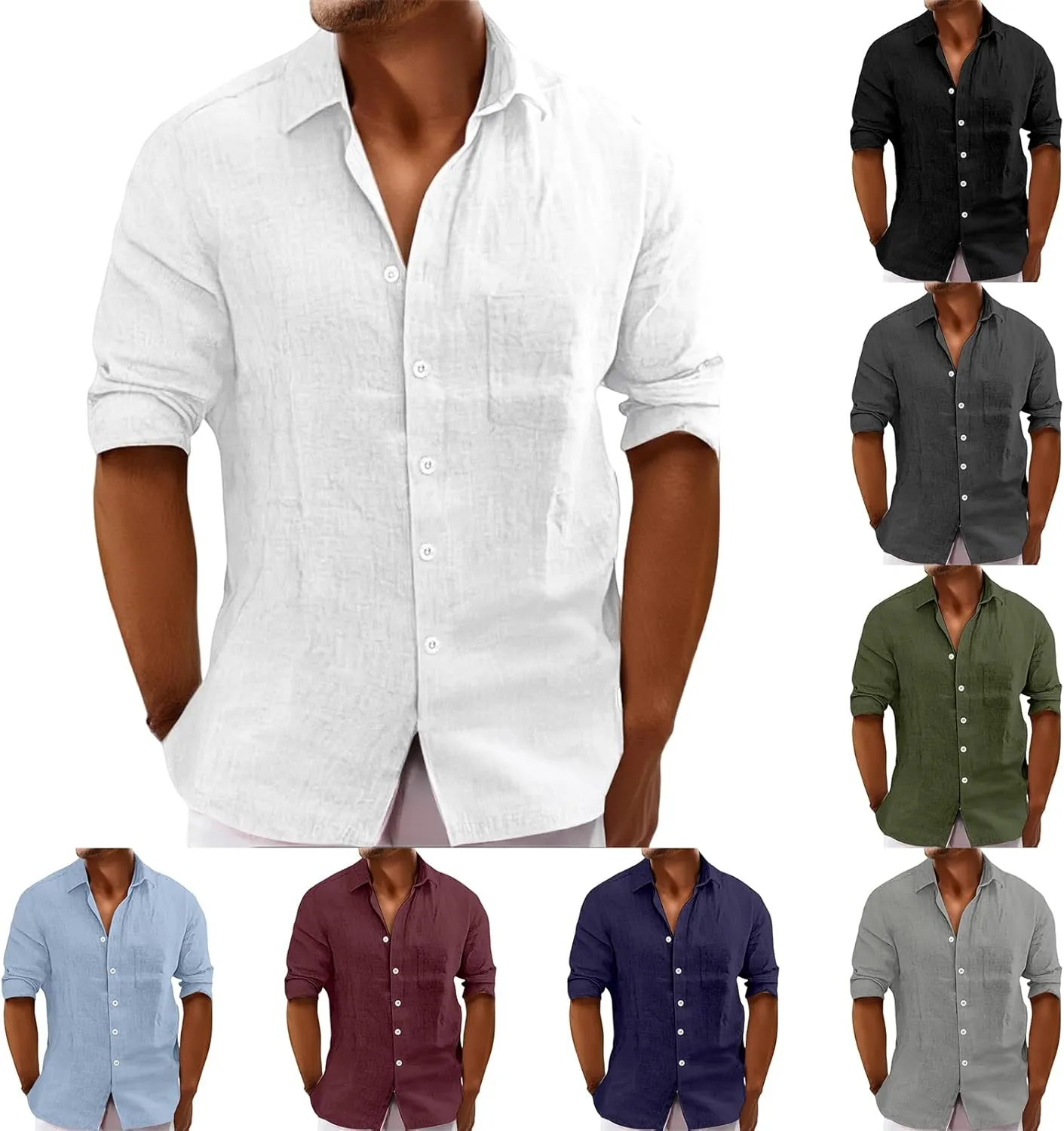 Mens Summer Linen T Shirts Casual Button Down Shirts Long Sleeve Collared Tees Beach Holiday Hawaiian Tops for Men