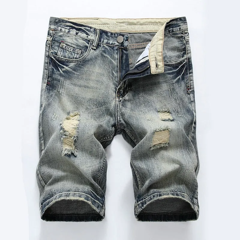 Men's Summer Ripped Straight Knee-Length Denim Shorts