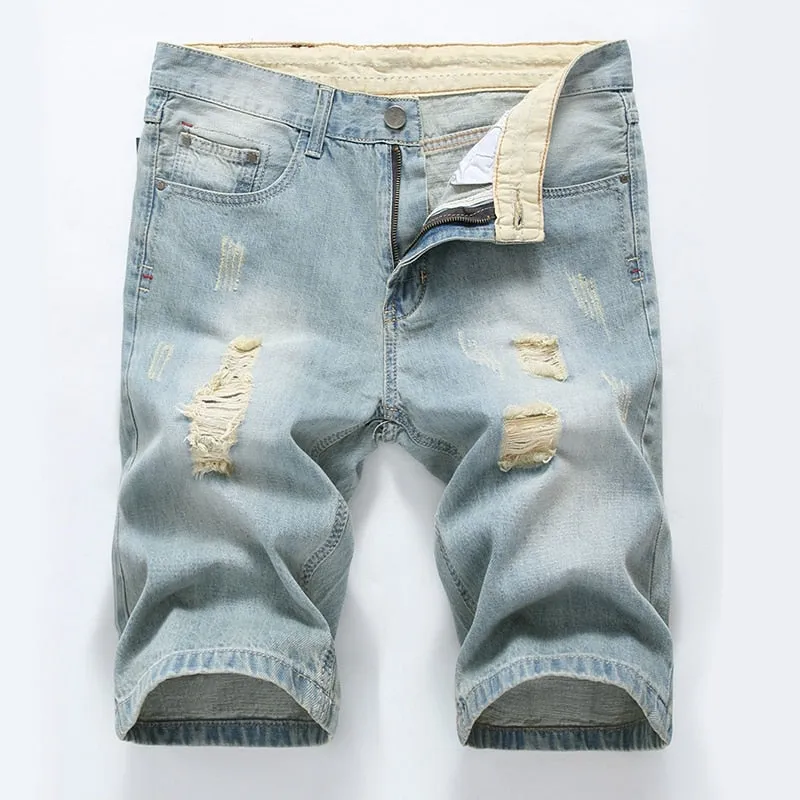 Men's Summer Ripped Straight Knee-Length Denim Shorts
