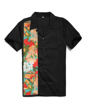 Mens Vintage Style Bowling Dress Shirt - Tropical Pinups Blue