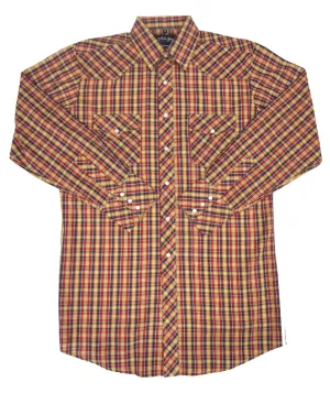 Men's Western Shirt: White Horse Plaid Blue Red Gold
