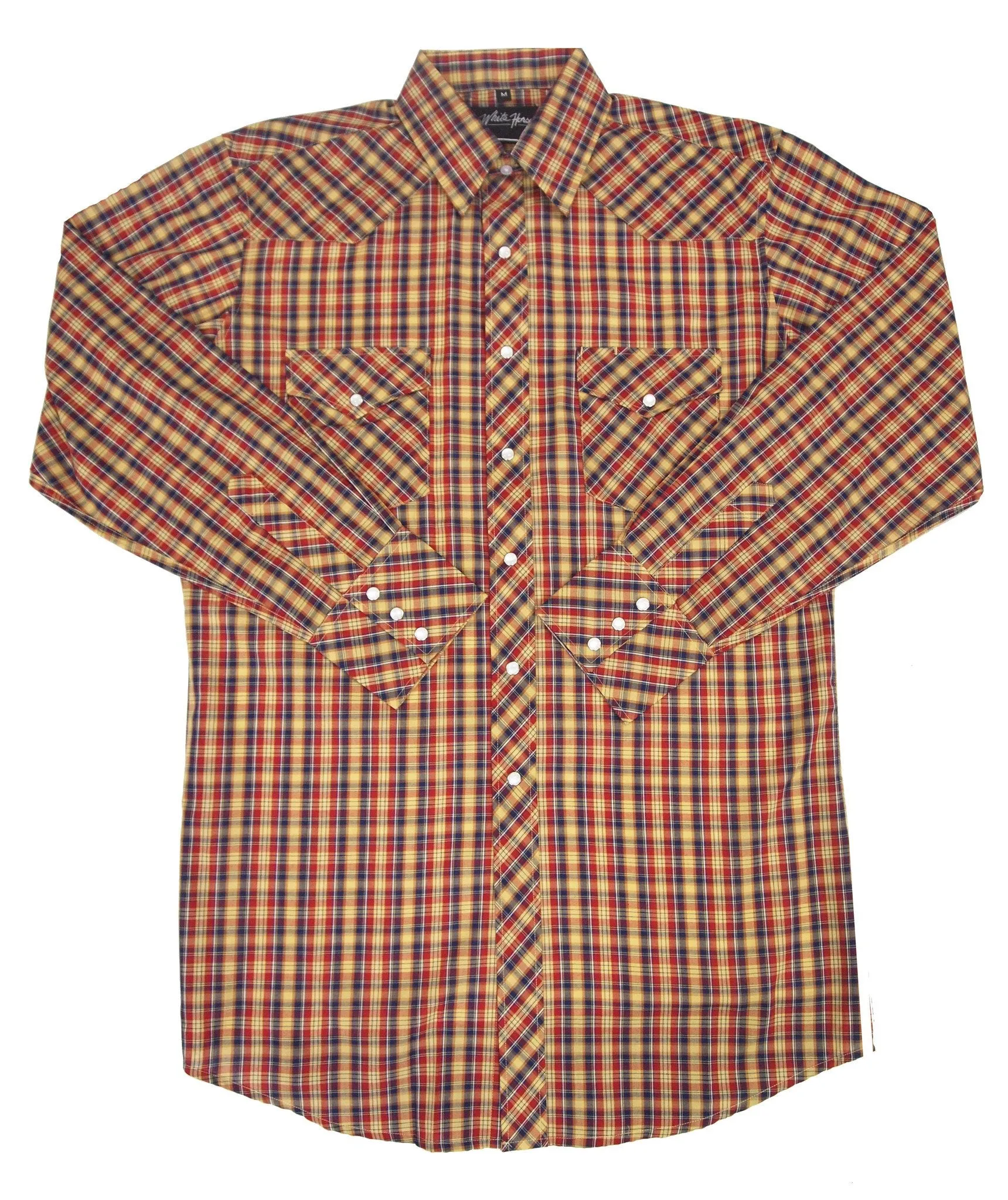 Men's Western Shirt: White Horse Plaid Blue Red Gold