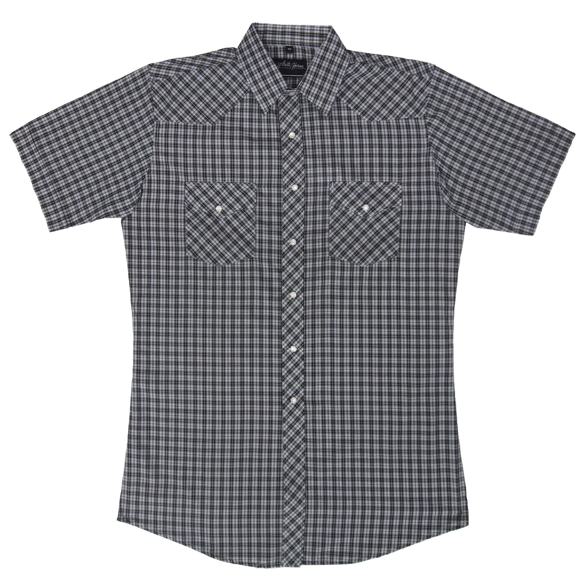 Men's Western Shirt: White Horse Short Sleeve Plaid Black White