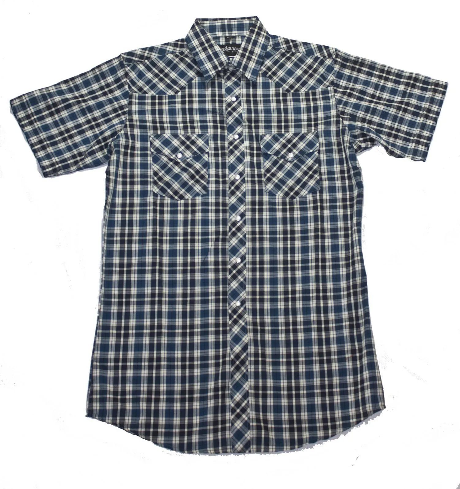 Men's Western Shirt: White Horse Short Sleeve Plaid Blue Black