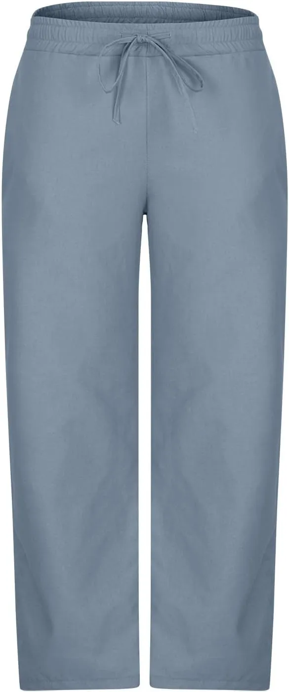 Mens Wide Leg Pants Summer Beach Cotton Linen Pant Lightweight Casual Elastic Waist Drawstring Casual Trousers